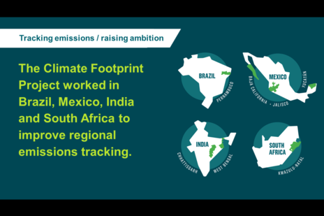 Four country graphics with the following text: The Climate Footprint Project worked in Brazil, Mexico, India and South Africa to improve regional emissions tracking.